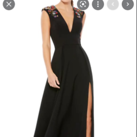 MAC DUGGAL PLUGE NECK EMPIRE WAIST EMBELLISHED SLEEVE THIGH SLIT BLACK GOWN 8 - Picture 3 of 4